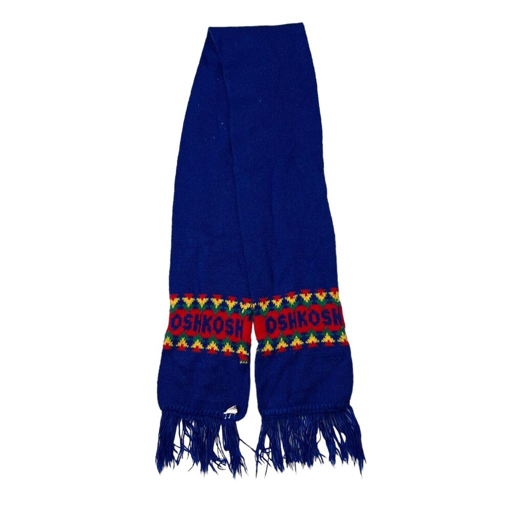OshKosh VTG 80s Instaria Logo Fringe Winter Scarf Blue Red 5.5x52 Youth OS